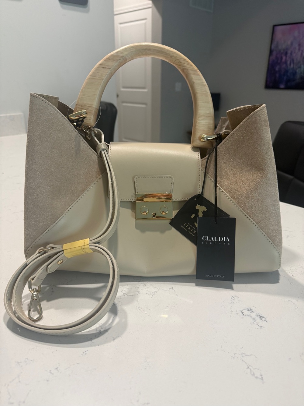 CLAUDIA Firenze Genuine Leather Beige/Cream Satchel Handbag with Wooden Handle